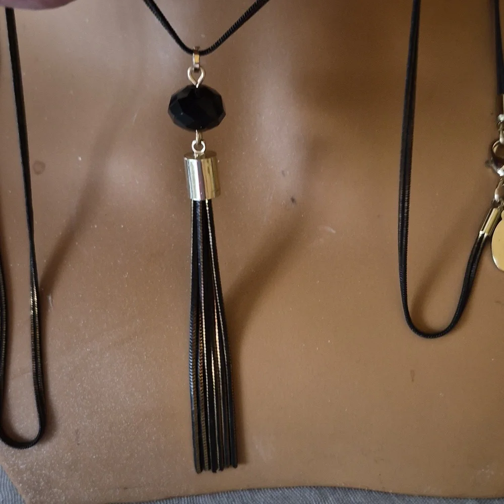 LOFT  Boho Long Tassel Black Crystal Bead Pendant Sweater Necklace 30